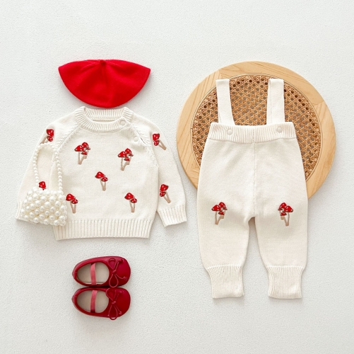 2024 Autumn Infant Baby Unisex Mushrooms Embroidery Pattern Long Sleeves Pullover With Strap Bodysuit Onesies Sets Wholesale