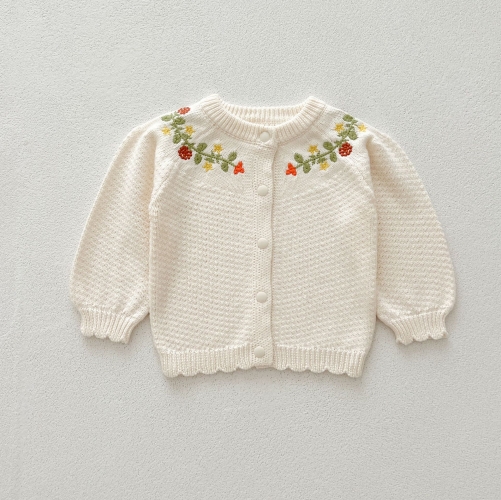 2024 Autumn Infant Baby Girls Flowers Embroidery Pattern Long Sleeves Beige Cardigan With Strap Bodysuit Onesies Sets Wholesale