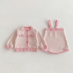 2024 Autumn Infant Baby Girls Plaid Pattern Long Sleeves Patchwork Cardigan With Strap Bodysuit Onesies Sets Wholesale