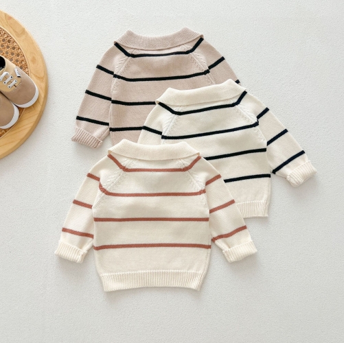 Infant Baby Unisex Turn-down Collar Long Sleeve Striped Knitted Pullover Sweater Wholesale