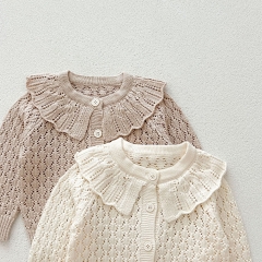 New Autumn Infant Baby Kids Girls Cotton Hollow Out Argyle Long Sleeves Single Breasted Knitted Cardigan Wholesale