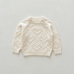 2024 Autumn Infant Baby Unisex Solid Color Heart Pattern Long Sleeves Sweater With Strap Overalls Sets Wholesale