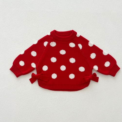 Infant Baby Girls Crew Neck Long Sleeve Polka Dots Knitted Pullover Sweater Wholesale