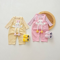 2024 Autumn Infant Baby Girls Cute Rabbits Design Sleeveless Overalls Rompers With Striped Top Sets Wholesale