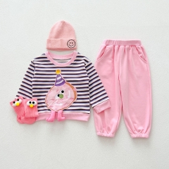 Cute and Versatile Two-Piece Set: Round Neck Striped Top and Pink Pants for Baby Girls and Toddlers Wholesale