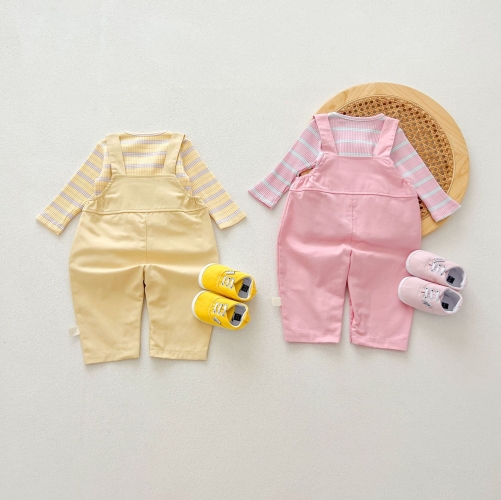 2024 Autumn Infant Baby Girls Cute Rabbits Design Sleeveless Overalls Rompers With Striped Top Sets Wholesale