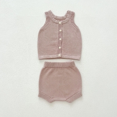 2024 Autumn Infant Baby Kids Girls Simple Plain Knitted Sleeveless Vest Top + Shorts Sets Wholesale