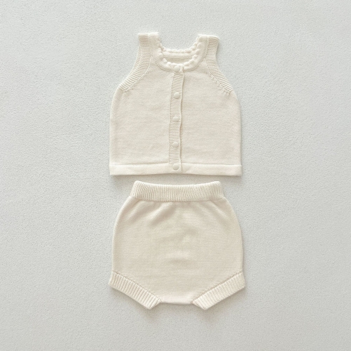 2024 Autumn Infant Baby Kids Girls Simple Plain Knitted Sleeveless Vest Top + Shorts Sets Wholesale