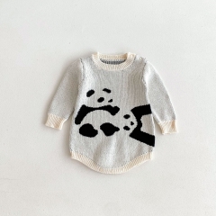Infant Baby Unisex Versatile Simple Panda Pattern One Piece Knitted Bodysuit Onesies in Autumn Wholesale