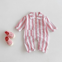 Infant Baby Girls Simple Pink Striped Pattern Long Sleeve One Piece Romper in Autumn Wholesale