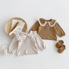 New Autumn Infant Baby Kids Girls Cotton Solid Color Long Sleeves Top Wholesale