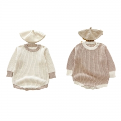 Infant Baby Unisex Versatile Simple Color Patchwork One Piece Knitted Bodysuit Onesies in Autumn Wholesale