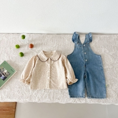 2024 Autumn Infant Baby Girls Denim Sleeveless Overalls With Vintage Floral Shirt Sets Wholesale