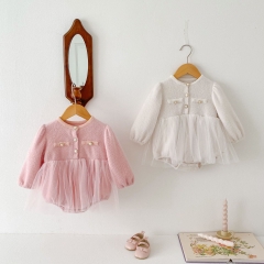 Infant Baby Girls Tulle Patchwork One Piece Knitted Princess Onesies Dress in Autumn Wholesale