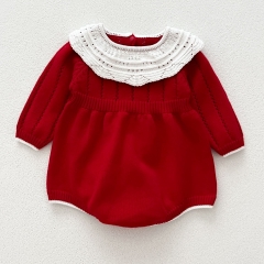 Infant Baby Girls Versatile Simple Color Patchwork One Piece Knitted Bodysuit Onesies in Autumn Wholesale