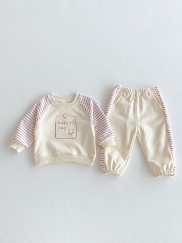 2024 Autumn Infant Baby Kids Simple Letters Pattern Long Sleeves Striped Top + Trousers Casual Sets Wholesale