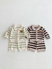 2024 Autumn Infant Baby Kids Simple Teddy Pattern Long Sleeves Knitted Cardigan + Trousers Casual Sets Wholesale