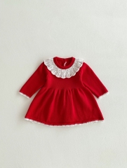 Infant Baby Girls Versatile Simple Color Patchwork One Piece Knitted Dress in Autumn Wholesale