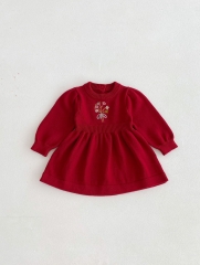 Infant Baby Girls Versatile Simple Flowers Embroidery One Piece Knitted Dress in Autumn Wholesale