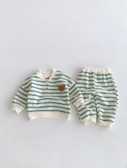 2024 Autumn Infant Baby Kids Simple Teddy Pattern Long Sleeves Striped Top + Trousers Cute Sets Wholesale