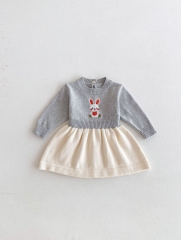 Infant Baby Girls Rabbits Embroidery One Piece Knitted Color Patchwork Dress in Autumn Wholesale