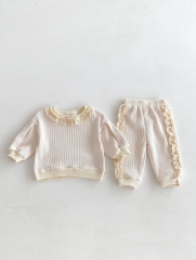 2024 Autumn Infant Baby Kids Girls Simple Ruffle Design Long Sleeves Knitted Top + Trousers Cute Sets Wholesale