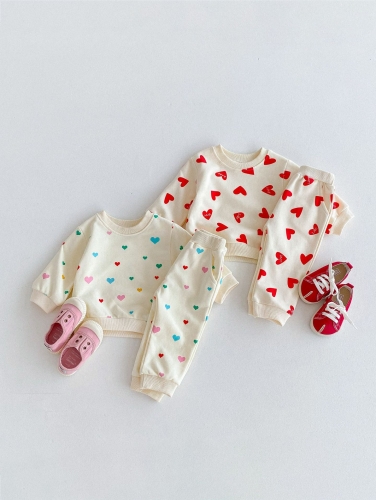 2024 Autumn Infant Baby Kids Cute Heart Pattern Long Sleeves Top Pullover + Trousers Casual Sets Wholesale