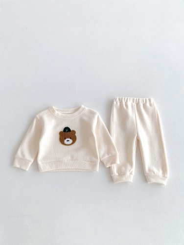 2024 Autumn Infant Baby Kids Cute Teddy Pattern Long Sleeves Top Pullover + Trousers Casual Sets Wholesale