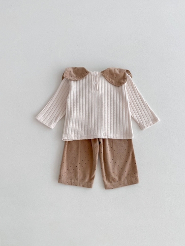 2024 Autumn Infant Baby Girls Color Patchwork Corduroy Long Sleeves Top + Trousers Clothing Sets Wholesale