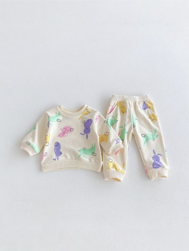 2024 Autumn Infant Baby Kids Cute Colorful Animals Pattern Long Sleeves Top Pullover + Trousers Casual Sets Wholesale