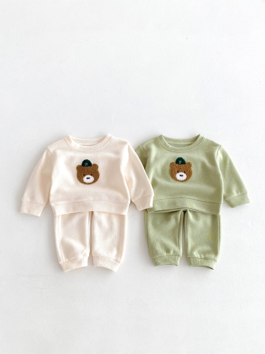 2024 Autumn Infant Baby Kids Cute Teddy Pattern Long Sleeves Top Pullover + Trousers Casual Sets Wholesale