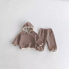 2024 Autumn Infant Baby Kids Striped Pattern Long Sleeves Hooded Pullover + Trousers Casual Sets Wholesale