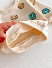 2024 Autumn Infant Baby Kids Cute Doughnut Pattern Long Sleeves Top Sweatshirt + Trousers Casual Sets Wholesale