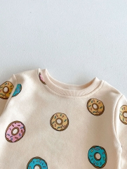 2024 Autumn Infant Baby Kids Cute Doughnut Pattern Long Sleeves Top Sweatshirt + Trousers Casual Sets Wholesale