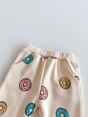 2024 Autumn Infant Baby Kids Cute Doughnut Pattern Long Sleeves Top Sweatshirt + Trousers Casual Sets Wholesale