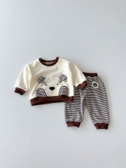 2024 Autumn Infant Baby Kids Cute Teddy and Striped Pattern Long Sleeves Top + Trousers Casual Sets Wholesale