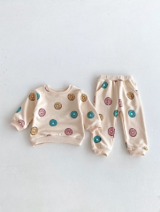 2024 Autumn Infant Baby Kids Cute Doughnut Pattern Long Sleeves Top Sweatshirt + Trousers Casual Sets Wholesale