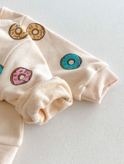 2024 Autumn Infant Baby Kids Cute Doughnut Pattern Long Sleeves Top Sweatshirt + Trousers Casual Sets Wholesale