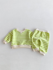 2024 Autumn Infant Baby Unisex Striped Pattern Long Sleeves Pullover With Pants Casual Sets Wholesale