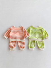 2024 Autumn Infant Baby Unisex Striped Pattern Long Sleeves Pullover With Pants Casual Sets Wholesale