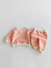 2024 Autumn Infant Baby Unisex Striped Pattern Long Sleeves Pullover With Pants Casual Sets Wholesale