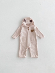 Autumn Infant Baby Unisex Teddy Pattern Long Sleeve Waffle Grid One Piece Cute Romper Wholesale