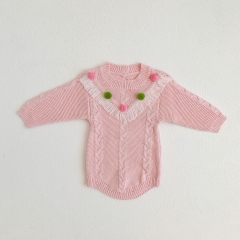Infant Baby Girls Versatile Simple Tassels One Piece Knitted Jacquard Bodysuit Onesies in Autumn Wholesale