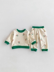 2024 Autumn Infant Baby Unisex Floral Pattern Long Sleeves Pullover With Pants Casual Sets Wholesale