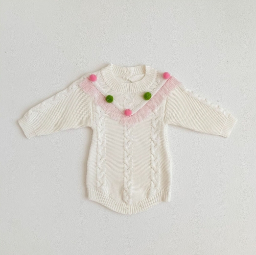 Infant Baby Girls Versatile Simple Tassels One Piece Knitted Jacquard Bodysuit Onesies in Autumn Wholesale