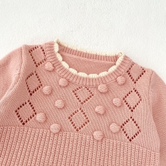 2024 Autumn Infant Baby Girls Argyle Pattern Long Sleeves Knitted Top With Bloomers Pink Sets Wholesale