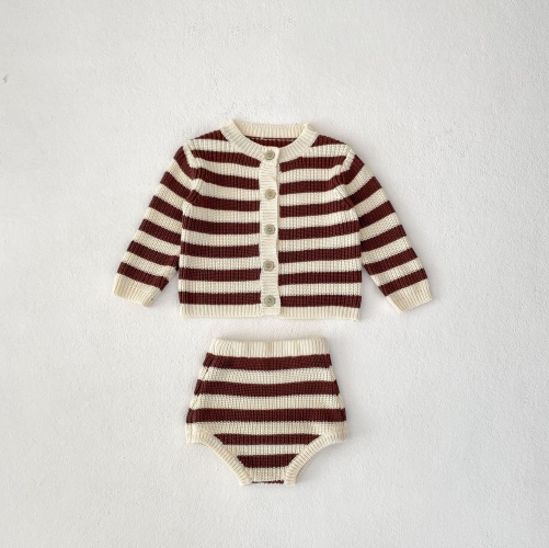 2024 Autumn Infant Baby Unisex Striped Pattern Long Sleeves Cardigan With Bloomers Casual Sets Wholesale