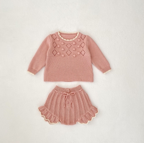 2024 Autumn Infant Baby Girls Argyle Pattern Long Sleeves Knitted Top With Bloomers Pink Sets Wholesale