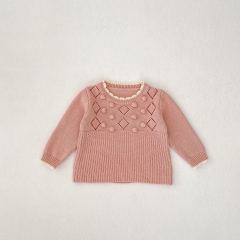 2024 Autumn Infant Baby Girls Argyle Pattern Long Sleeves Knitted Top With Bloomers Pink Sets Wholesale