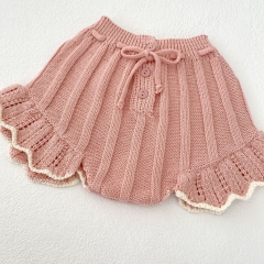 2024 Autumn Infant Baby Girls Argyle Pattern Long Sleeves Knitted Top With Bloomers Pink Sets Wholesale